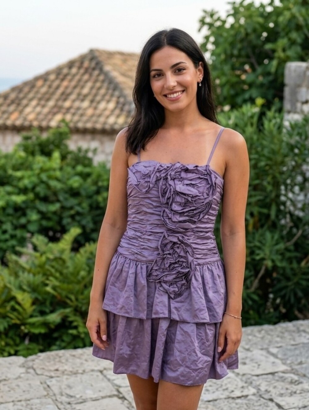 BCBGMaxAzria Lilac Ruched Tiered Mini Dress with Rosette Detail